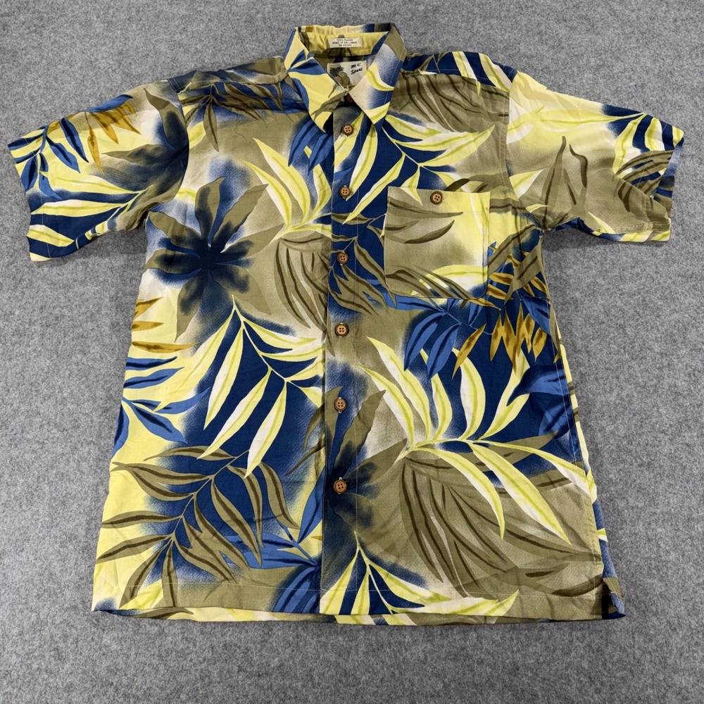 M.E. Sport Mens Tropical Palm Leaf Rayon Button Down Shirt Blue Yellow Medium